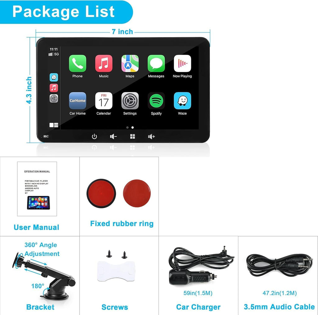 Pantalla Inhalambrica Para Coche, Compatible Con Apple Carplay Y Android, Pantalla Táctil HD De 7 Pulgadas 1080P Con Bluetooth 5.0, Compatible Con Mirror Link