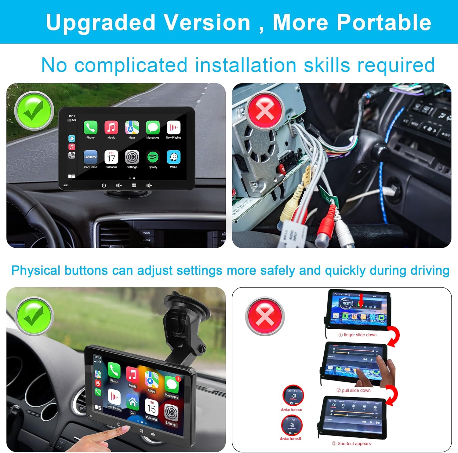 Pantalla Inhalambrica Para Coche, Compatible Con Apple Carplay Y Android, Pantalla Táctil HD De 7 Pulgadas 1080P Con Bluetooth 5.0, Compatible Con Mirror Link