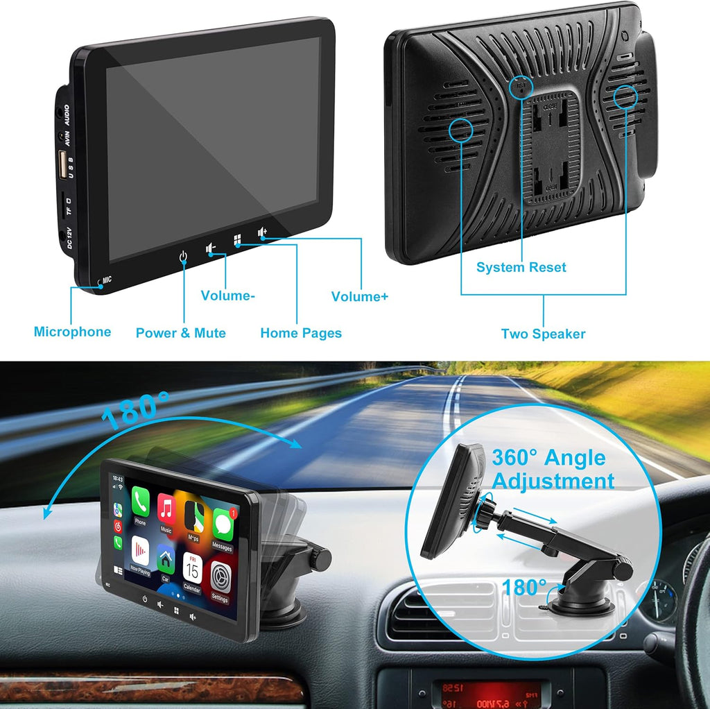 Pantalla Inhalambrica Para Coche, Compatible Con Apple Carplay Y Android, Pantalla Táctil HD De 7 Pulgadas 1080P Con Bluetooth 5.0, Compatible Con Mirror Link