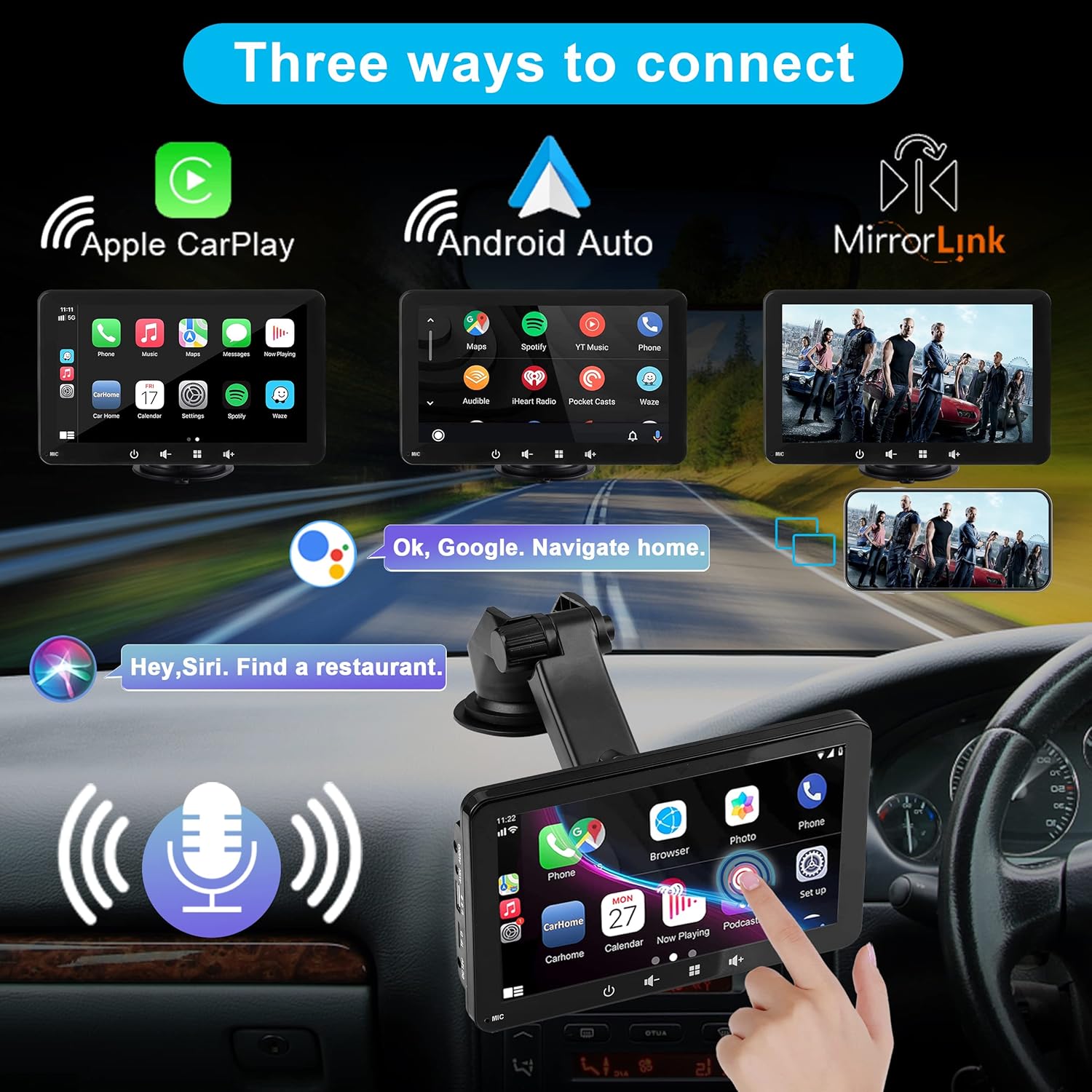 Pantalla Inhalambrica Para Coche, Compatible Con Apple Carplay Y Android, Pantalla Táctil HD De 7 Pulgadas 1080P Con Bluetooth 5.0, Compatible Con Mirror Link